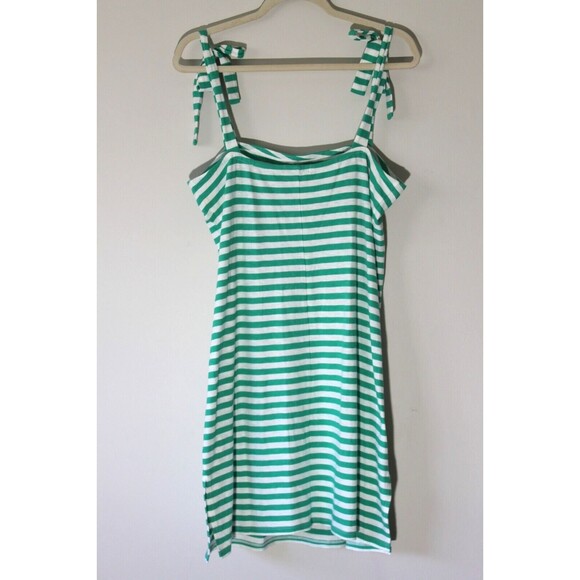 J. Crew Striped Tie Shoulder Dress Size L Green & White Stripes 100% Cotton - Picture 4 of 12